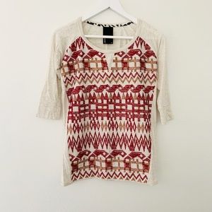 Anthropologie Dolan T-Shirt Aztec Embroidered Red Bronze Woven XS